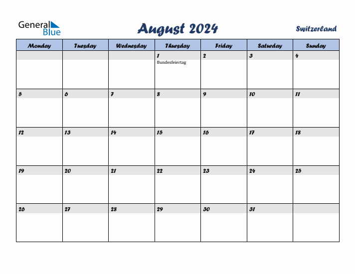 August 2024 Calendar with Holidays in Switzerland