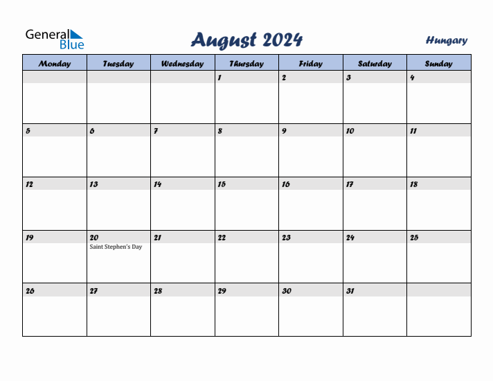 August 2024 Calendar with Holidays in Hungary