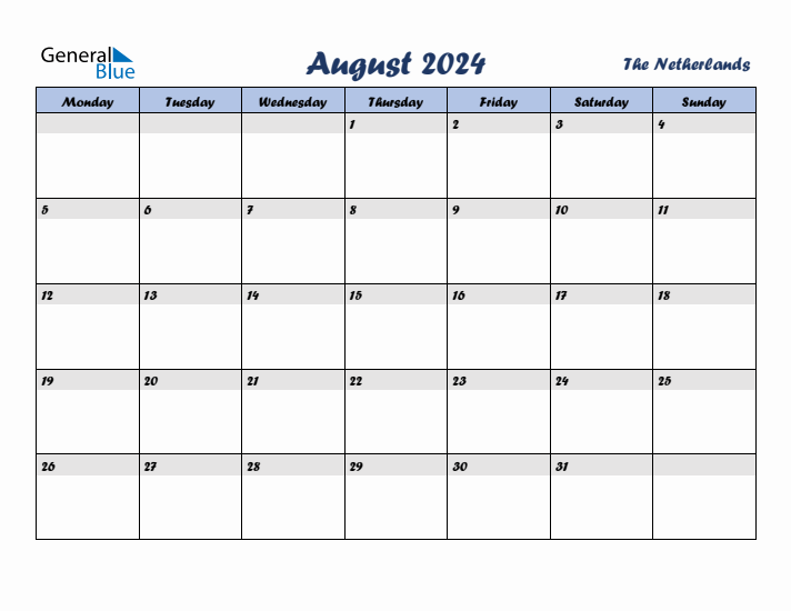 August 2024 Calendar with Holidays in The Netherlands