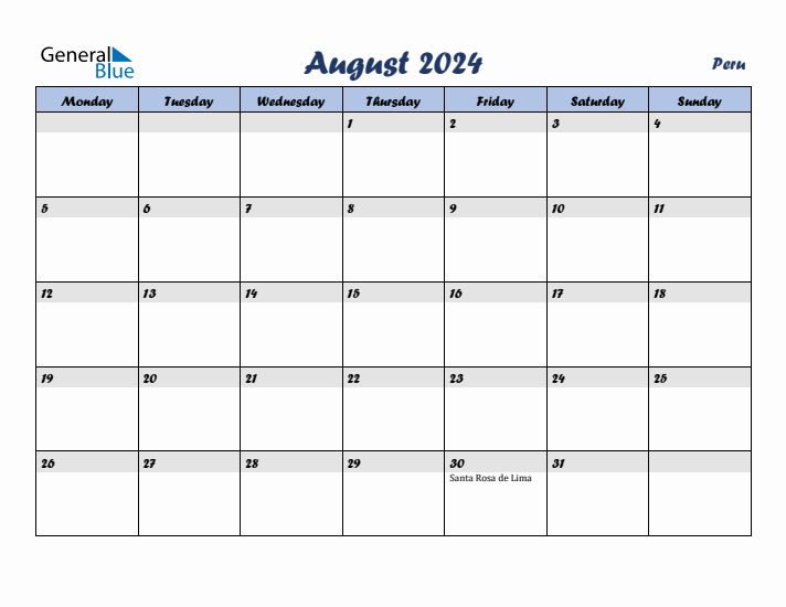 August 2024 Calendar with Holidays in Peru