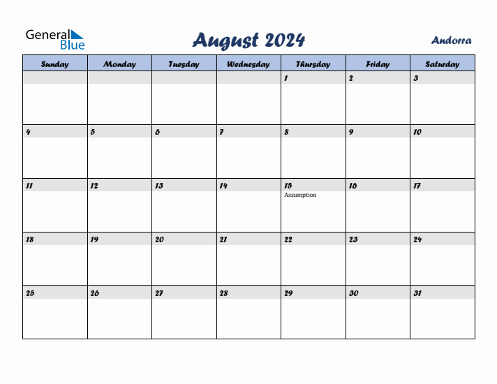 August 2024 Calendar with Holidays in Andorra