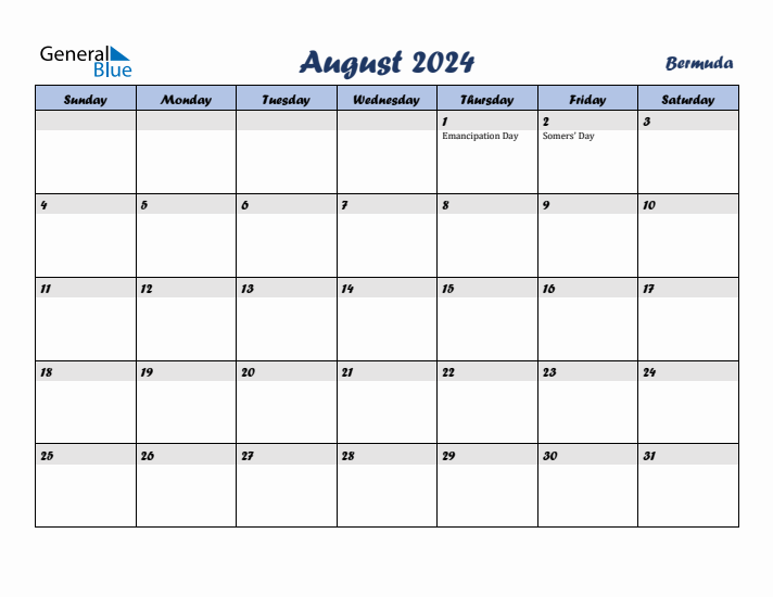 August 2024 Calendar with Holidays in Bermuda