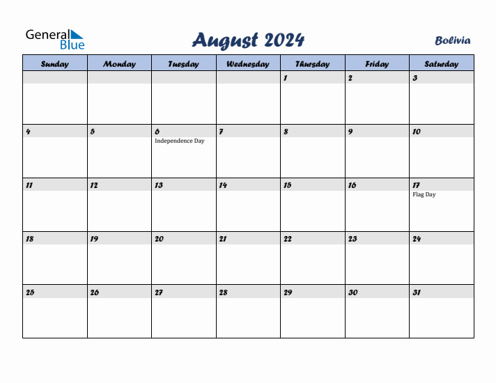 August 2024 Calendar with Holidays in Bolivia