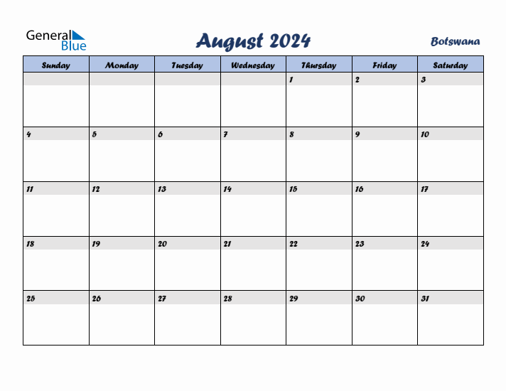 August 2024 Calendar with Holidays in Botswana