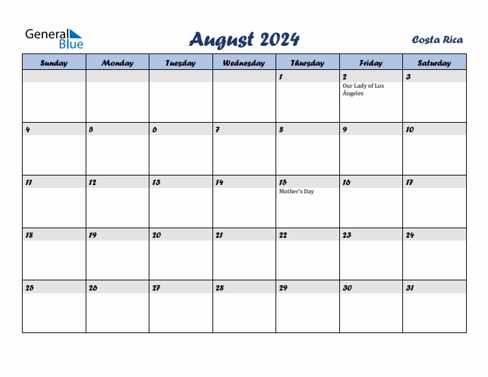 August 2024 Calendar with Holidays in Costa Rica