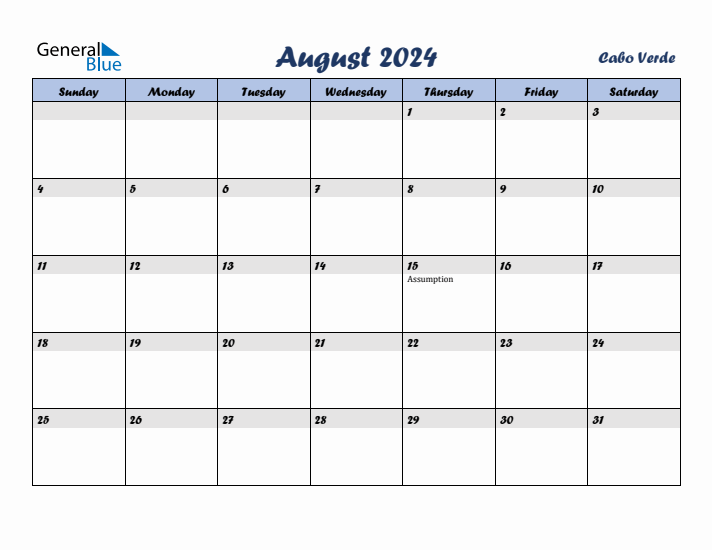 August 2024 Calendar with Holidays in Cabo Verde