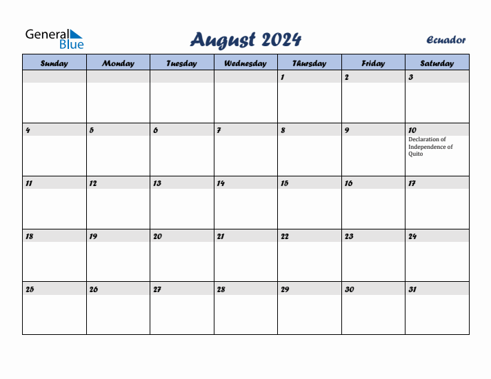 August 2024 Calendar with Holidays in Ecuador