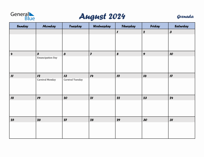 August 2024 Calendar with Holidays in Grenada