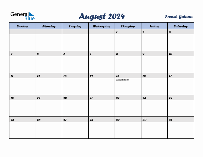 August 2024 Calendar with Holidays in French Guiana