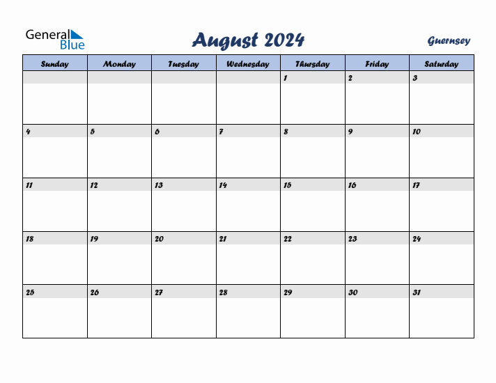 August 2024 Calendar with Holidays in Guernsey