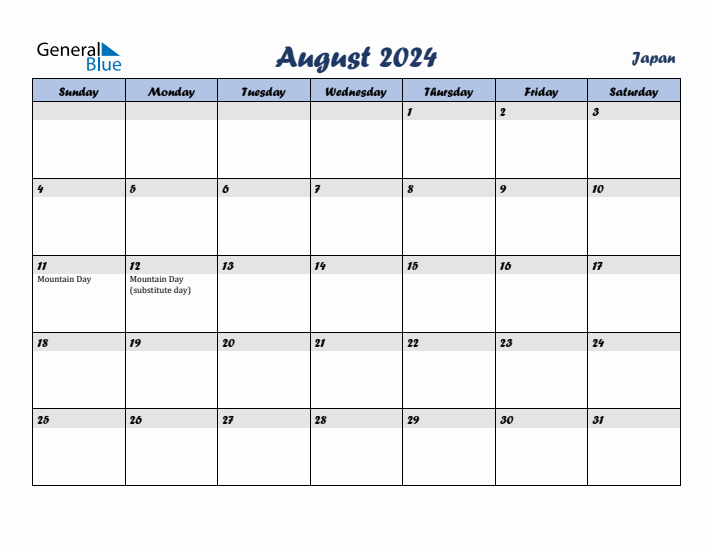 August 2024 Calendar with Holidays in Japan