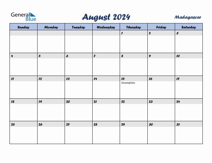 August 2024 Calendar with Holidays in Madagascar