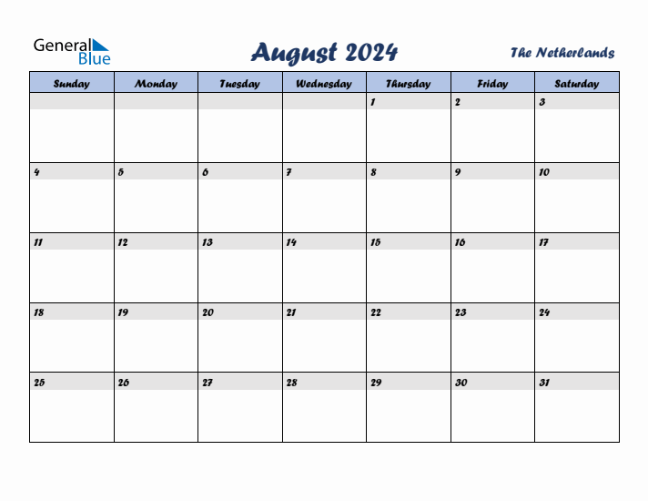 August 2024 Calendar with Holidays in The Netherlands