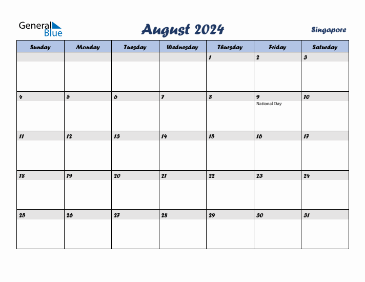 August 2024 Calendar with Holidays in Singapore