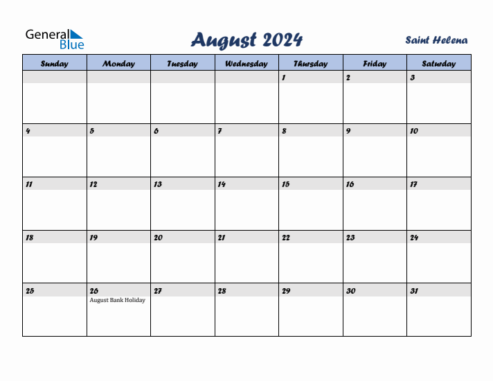 August 2024 Calendar with Holidays in Saint Helena