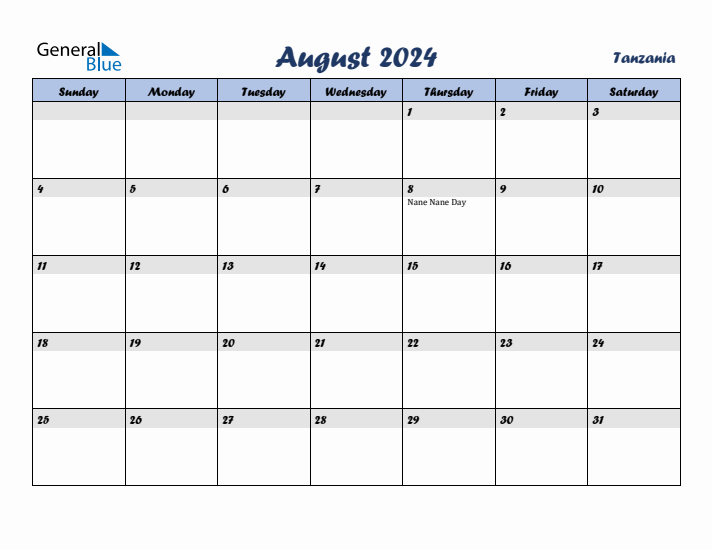 August 2024 Calendar with Holidays in Tanzania