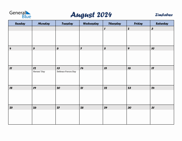 August 2024 Calendar with Holidays in Zimbabwe