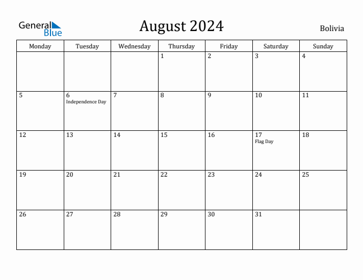 August 2024 Calendar Bolivia