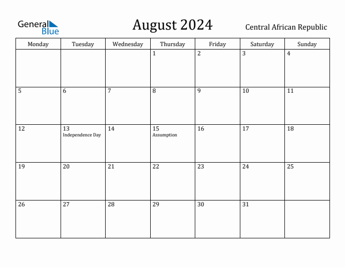 August 2024 Calendar Central African Republic