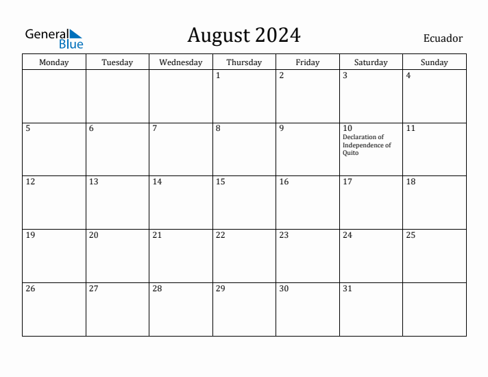 August 2024 Calendar Ecuador