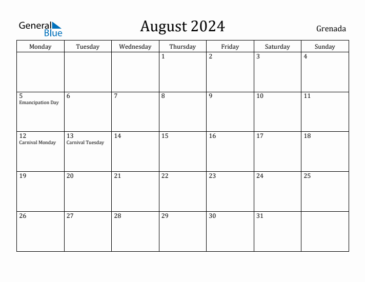 August 2024 Calendar Grenada