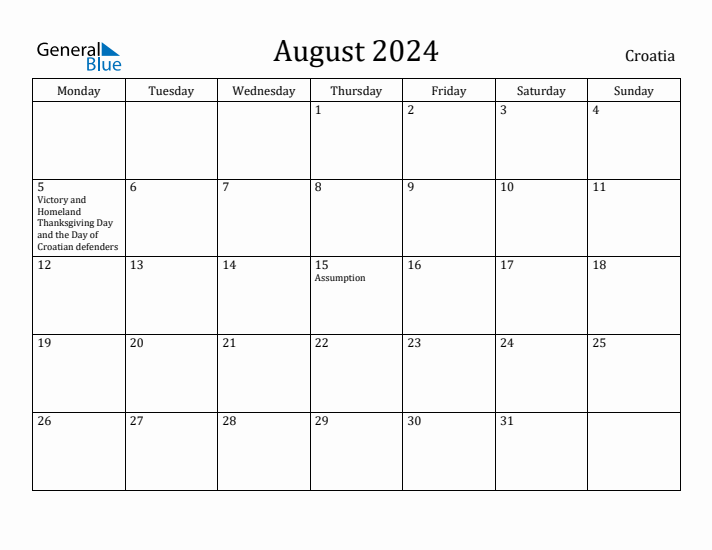 August 2024 Calendar Croatia