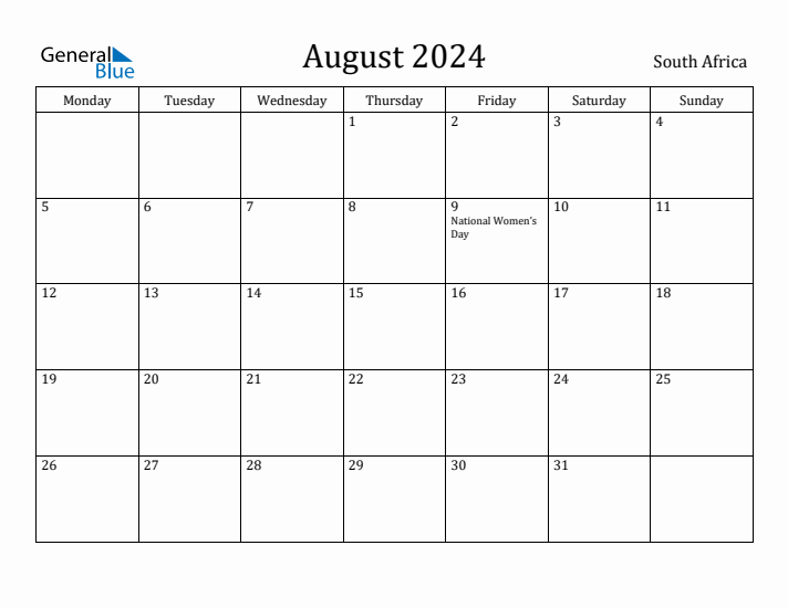 August 2024 Calendar South Africa