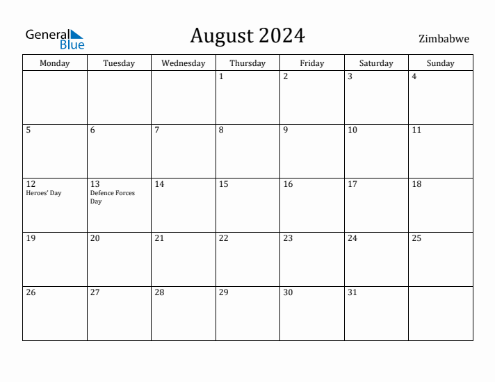 August 2024 Calendar Zimbabwe