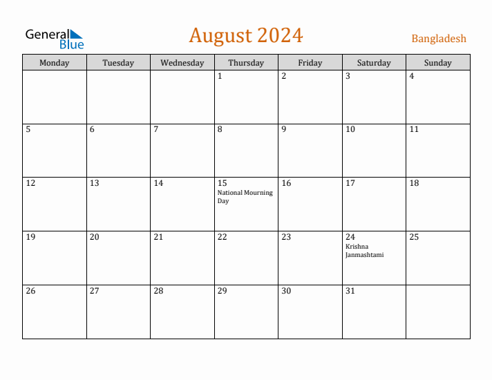 August 2024 Holiday Calendar with Monday Start