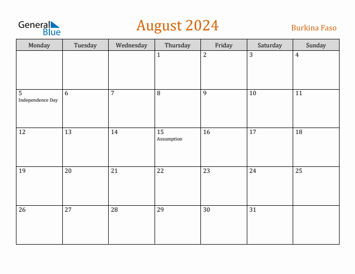 August 2024 Holiday Calendar with Monday Start