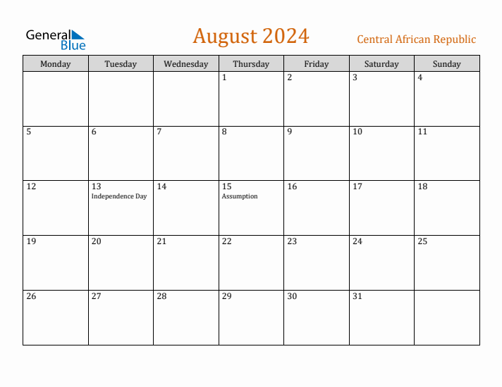 August 2024 Holiday Calendar with Monday Start