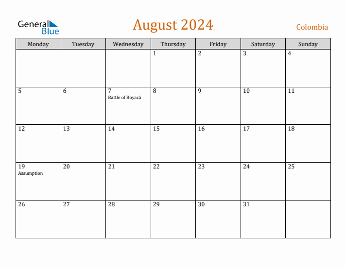 August 2024 Holiday Calendar with Monday Start