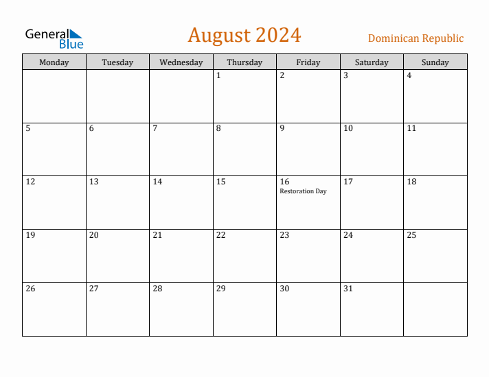 August 2024 Holiday Calendar with Monday Start