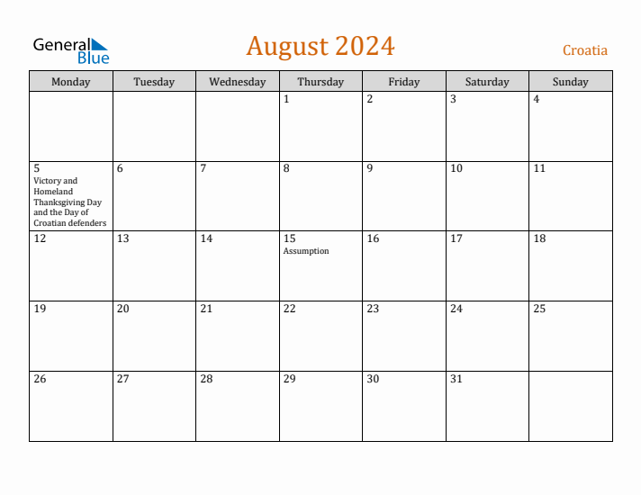 August 2024 Holiday Calendar with Monday Start