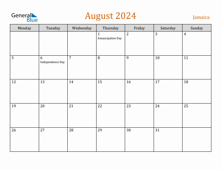 August 2024 Holiday Calendar with Monday Start