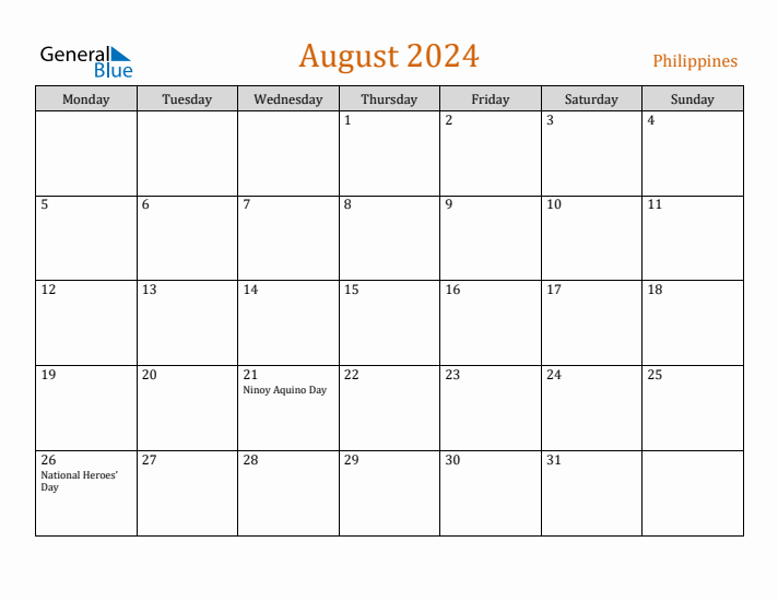 August 2024 Holiday Calendar with Monday Start