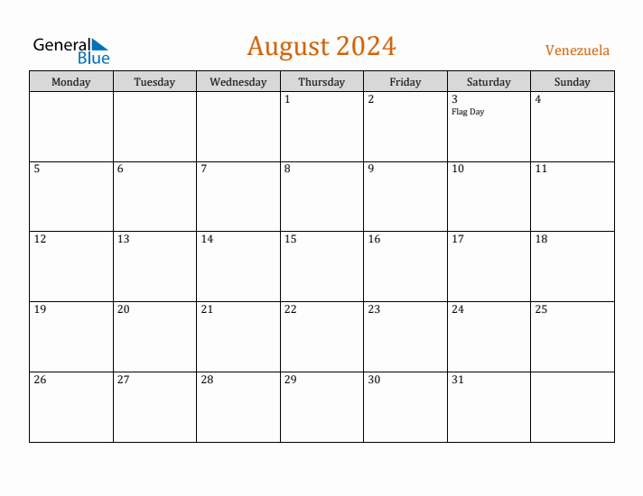 August 2024 Holiday Calendar with Monday Start