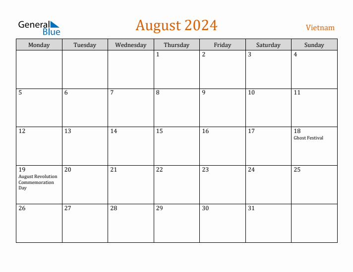 August 2024 Holiday Calendar with Monday Start