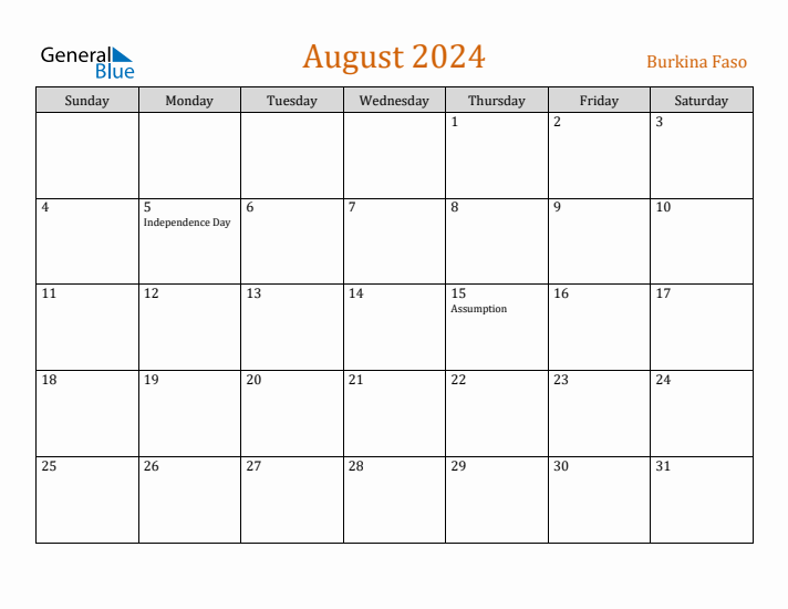 August 2024 Holiday Calendar with Sunday Start