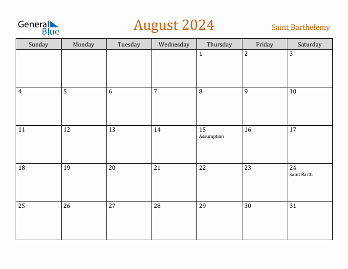 August 2024 Holiday Calendar with Sunday Start