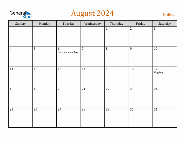 August 2024 Holiday Calendar with Sunday Start