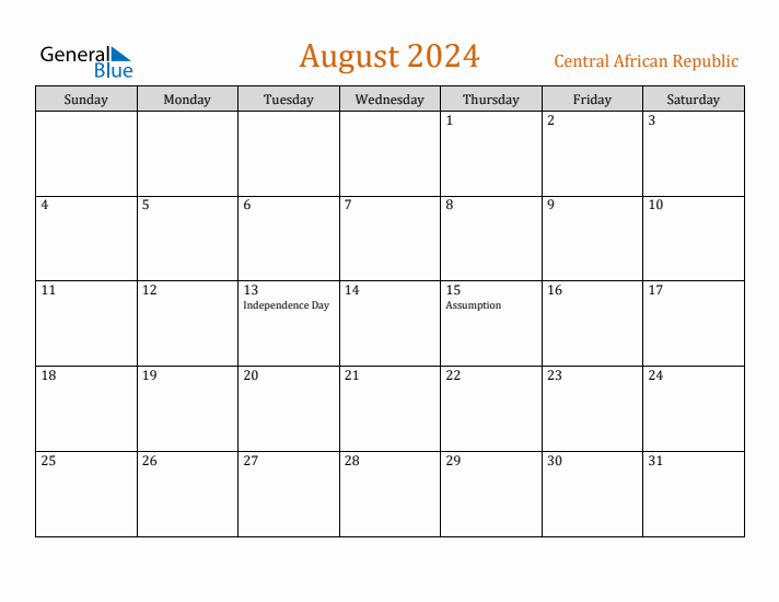 August 2024 Holiday Calendar with Sunday Start