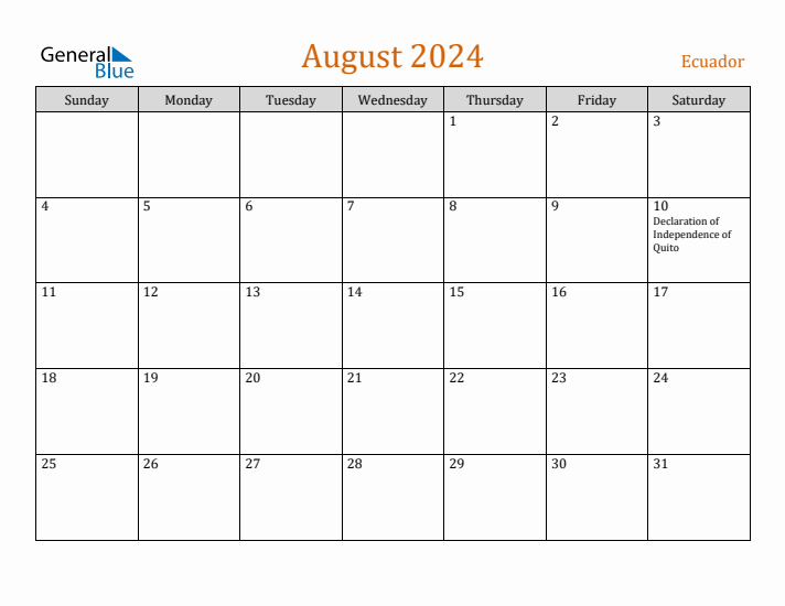 August 2024 Holiday Calendar with Sunday Start