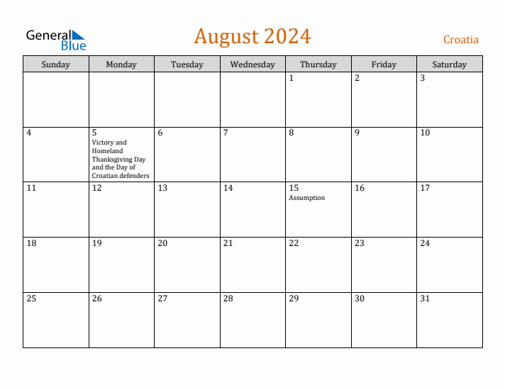 August 2024 Holiday Calendar with Sunday Start