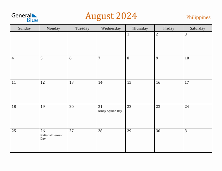 August 2024 Holiday Calendar with Sunday Start