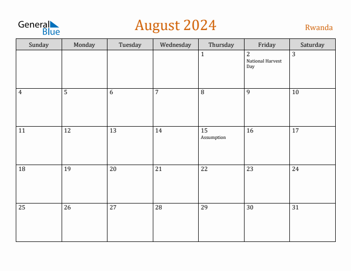 August 2024 Holiday Calendar with Sunday Start