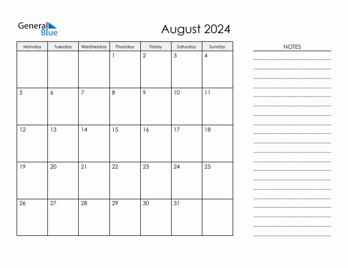 Printable Monthly Calendar with Notes - August 2024