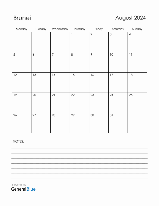 August 2024 Brunei Calendar with Holidays (Monday Start)