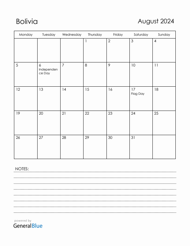 August 2024 Bolivia Calendar with Holidays (Monday Start)