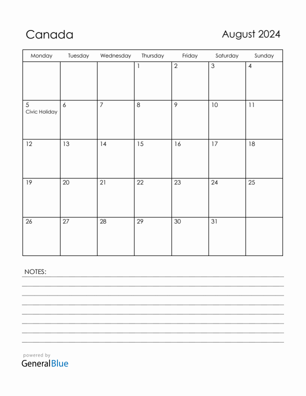 August 2024 Canada Calendar with Holidays (Monday Start)